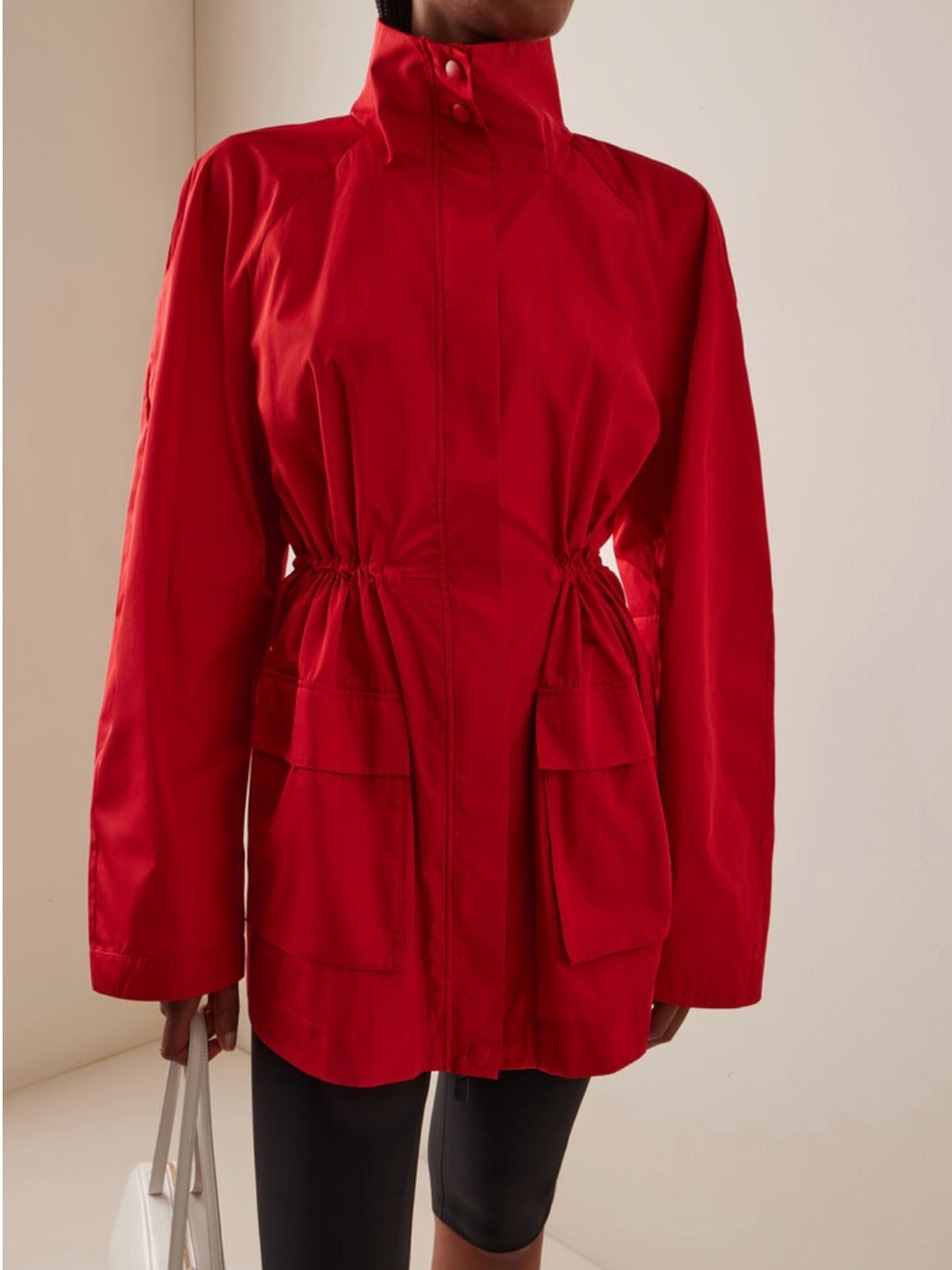 St. Agni Paper Red Taffeta Utility Parka Drawstring Waist Lightweight Zip Jacket